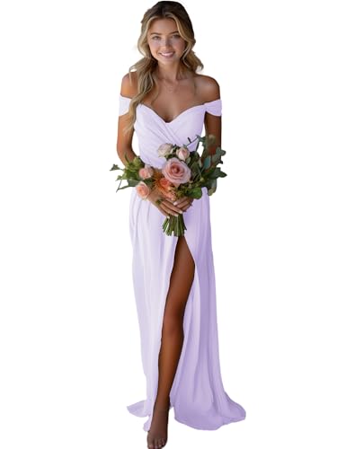 JAEDEN Off Shoulder Brautjungfernkleider Chiffon Lang Abendkleider mit Schlitz A-Linie Lila 38 von JAEDEN