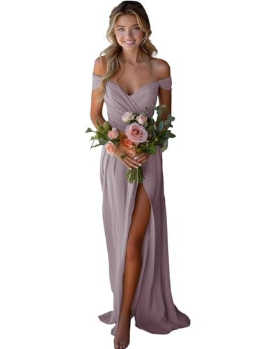 JAEDEN Off Shoulder Brautjungfernkleider Chiffon Lang Abendkleider mit Schlitz A-Linie Mauve 38 JAEDEN Off Shoulder Brautjungfernkleider Chiffon Lang Abendkleider mit Schlitz A-Linie Mauve 38 von JAEDEN