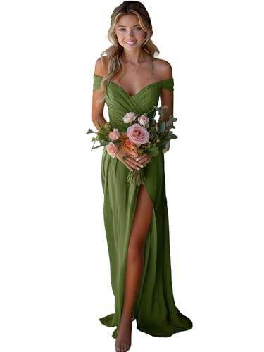 JAEDEN Off Shoulder Brautjungfernkleider Chiffon Lang Abendkleider mit Schlitz A-Linie Oliv 36 von JAEDEN