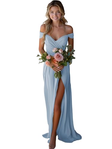JAEDEN Off Shoulder Brautjungfernkleider Chiffon Lang Abendkleider mit Schlitz A-Linie Staubiges Blau 38 von JAEDEN