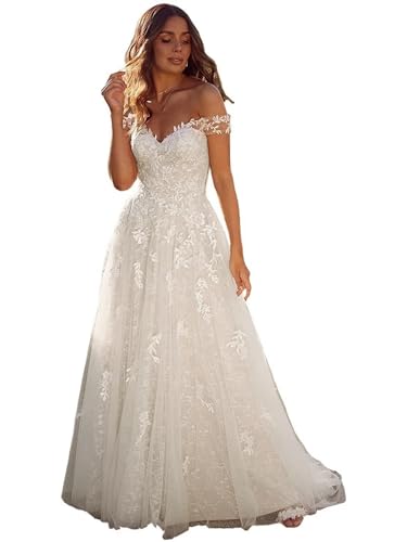 JAEDEN Off Shoulder Brautkleid Damen Boho Spitze Hochzeitskleid Tüll Standesamt Braut Kleid Elfenbein 50 von JAEDEN