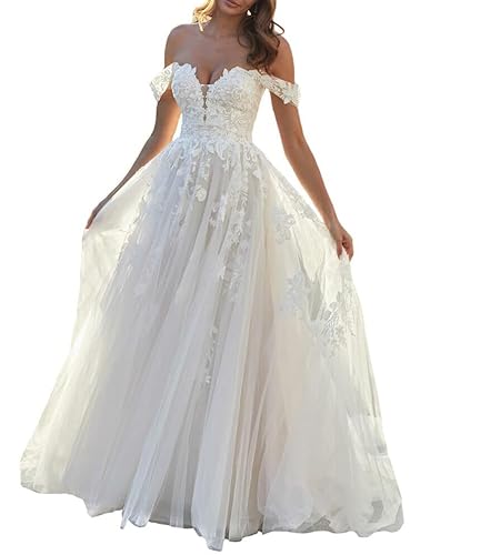 JAEDEN Off Shoulder Brautkleid Prinzessin Hochzeitskleid Spitze Standesamt Trauung Kleid Elfenbein 46 von JAEDEN