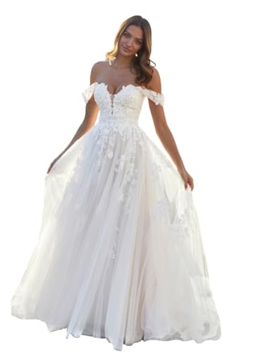 JAEDEN Off Shoulder Brautkleid Prinzessin Hochzeitskleid Spitze Standesamt Trauung Kleid Weiß 56 von JAEDEN