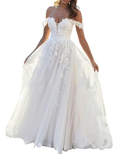 JAEDEN Off Shoulder Brautkleid Prinzessin Hochzeitskleider Spitze Standesamt Trauung Kleid Weiß 36 von JAEDEN