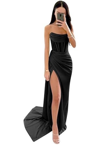 JAEDEN Off Shoulder Meerjungfrau Ballkleider Satin Lang Bodycon Abendkleid Rückenfrei Partykleid Schwarz 34 von JAEDEN