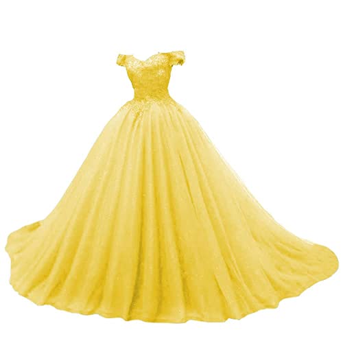 JAEDEN Quinceanera Kleider Prinzessin Lang Tüll A-Linie Ballkleider Abiballkleider Cinderella Abschluss Kleid Schulterfrei Dunkelgelb 46 von JAEDEN