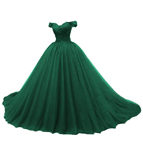 JAEDEN Quinceanera Kleider Prinzessin Lang Tüll A-Linie Ballkleider Abiballkleider Cinderella Abschluss Kleid Schulterfrei Grün 52 von JAEDEN