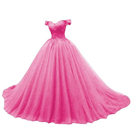 JAEDEN Quinceanera Kleider Prinzessin Lang Tüll A-Linie Ballkleider Abiballkleider Cinderella Abschluss Kleid Schulterfrei Hot-Pink 40 von JAEDEN