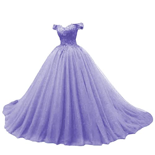 JAEDEN Quinceanera Kleider Prinzessin Lang Tüll A-Linie Ballkleider Abiballkleider Cinderella Abschluss Kleid Schulterfrei Lavendel Tief 44 von JAEDEN