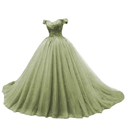 JAEDEN Quinceanera Kleider Prinzessin Lang Tüll A-Linie Ballkleider Abiballkleider Cinderella Abschluss Kleid Schulterfrei Sage 38 von JAEDEN