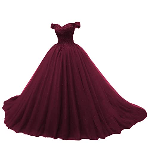 JAEDEN Quinceanera Kleider Prinzessin Lang Tüll A-Linie Ballkleider Abiballkleider Cinderella Abschluss Kleid Schulterfrei Tiefer Burgunder 42 von JAEDEN