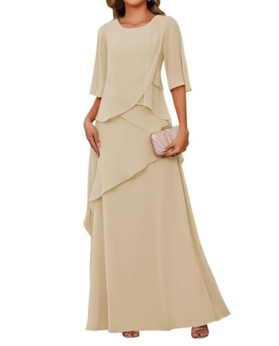JAEDEN Rundhals Brautmutterkleider Lang Chiffon Hochzeitsgast Kleid Damen Formelle Abendkleid Champagner 54 von JAEDEN