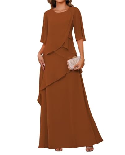 JAEDEN Rundhals Brautmutterkleider Lang Chiffon Hochzeitsgast Kleid Damen Formelle Abendkleid Gebranntes Orange 52 von JAEDEN