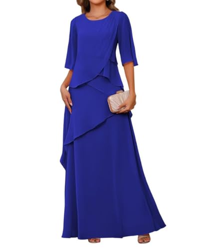 JAEDEN Rundhals Brautmutterkleider Lang Chiffon Hochzeitsgast Kleid Damen Formelle Abendkleid Königsblau 38 von JAEDEN