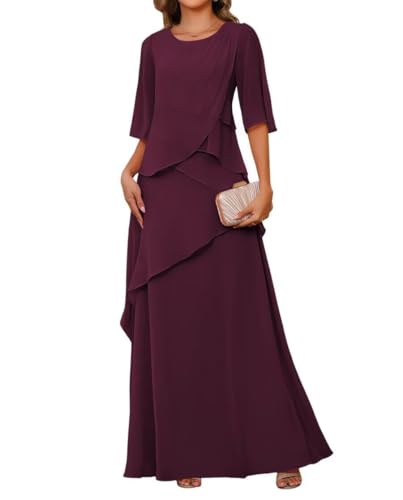 JAEDEN Rundhals Brautmutterkleider Lang Chiffon Hochzeitsgast Kleid Damen Formelle Abendkleid Plum 46 von JAEDEN