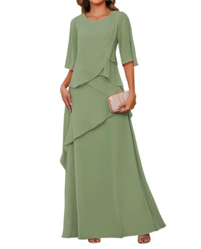 JAEDEN Rundhals Brautmutterkleider Lang Chiffon Hochzeitsgast Kleid Damen Formelle Abendkleid Staubiger Salbei 46 von JAEDEN