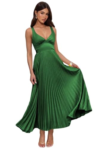 JAEDEN Satin Abendkleid Falten V-Ausschnitt Rückenfrei Brautjungfernkleider für Damen A-Linie Partykleid Smaragdgrün 34 von JAEDEN