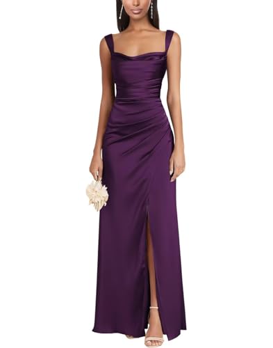 JAEDEN Satin Abendkleider Meerjungfrau Ballkleider Spaghetti-Träger Brautjungfernkleider mit Schlitz Plum 40 von JAEDEN