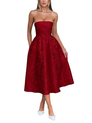 JAEDEN Satin Abiballkleider Wadenlang Ballkleider A-Linie Cocktailkleider Trägerlos Abendkleider Prom Kleid Burgund 36 von JAEDEN