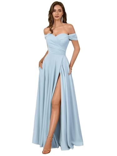 JAEDEN Satin Ballkleider Off Shoulder Brautjungfernkleider A-Linie Lang Abschlussball Abendkleider Hellblau 36 JAEDEN Satin Ballkleider Off Shoulder Brautjungfernkleider A-Linie Lang Abschlussball Abendkleider Hellblau 36 von JAEDEN