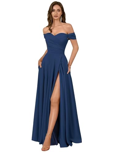JAEDEN Satin Ballkleider Off Shoulder Brautjungfernkleider A-Linie Lang Abschlussball Abendkleider Marineblau 36 von JAEDEN