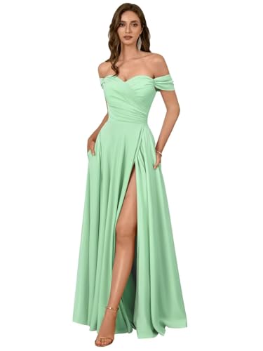 JAEDEN Satin Ballkleider Off Shoulder Brautjungfernkleider A-Linie Lang Abschlussball Abendkleider Mintgrün 34 von JAEDEN