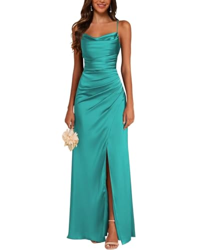 JAEDEN Satin Brautjungfernkleid Spaghettiträger Ballkleider Lang mit Schlitz Meerjungfrau Falte Abendkleider Aqua 40 von JAEDEN