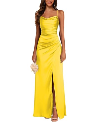 JAEDEN Satin Brautjungfernkleid Spaghettiträger Ballkleider Lang mit Schlitz Meerjungfrau Falte Abendkleider Goldgelb 32 von JAEDEN