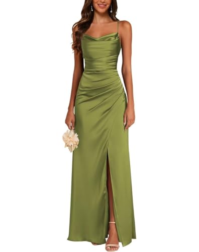 JAEDEN Satin Brautjungfernkleid Spaghettiträger Ballkleider Lang mit Schlitz Meerjungfrau Falte Abendkleider Hell Olivgrün 40 von JAEDEN