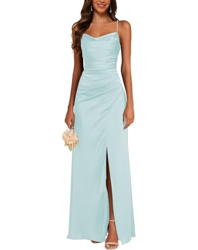 JAEDEN Satin Brautjungfernkleid Spaghettiträger Ballkleider Lang mit Schlitz Meerjungfrau Falte Abendkleider Hellblau 40 von JAEDEN