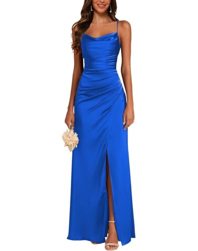 JAEDEN Satin Brautjungfernkleid Spaghettiträger Ballkleider Lang mit Schlitz Meerjungfrau Falte Abendkleider Königsblau 34 von JAEDEN
