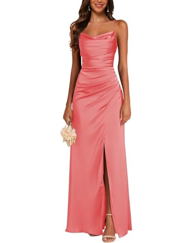 JAEDEN Satin Brautjungfernkleid Spaghettiträger Ballkleider Lang mit Schlitz Meerjungfrau Falte Abendkleider Koralle 36 von JAEDEN