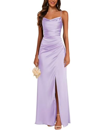 JAEDEN Satin Brautjungfernkleid Spaghettiträger Ballkleider Lang mit Schlitz Meerjungfrau Falte Abendkleider Lila 40 von JAEDEN