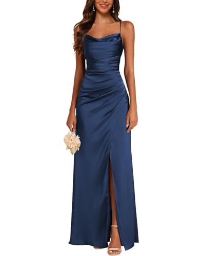 JAEDEN Satin Brautjungfernkleid Spaghettiträger Ballkleider Lang mit Schlitz Meerjungfrau Falte Abendkleider Marineblau 44 von JAEDEN