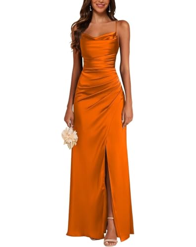 JAEDEN Satin Brautjungfernkleid Spaghettiträger Ballkleider Lang mit Schlitz Meerjungfrau Falte Abendkleider Orange 40 von JAEDEN