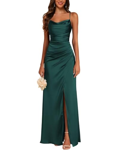 JAEDEN Satin Brautjungfernkleid Spaghettiträger Ballkleider Lang mit Schlitz Meerjungfrau Falte Abendkleider Pfau 40 von JAEDEN