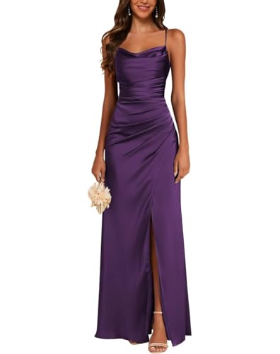 JAEDEN Satin Brautjungfernkleid Spaghettiträger Ballkleider Lang mit Schlitz Meerjungfrau Falte Abendkleider Plum 32 von JAEDEN