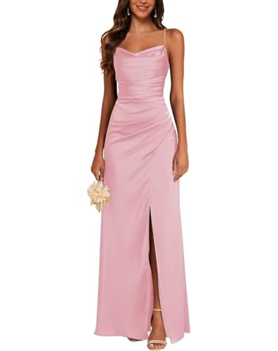 JAEDEN Satin Brautjungfernkleid Spaghettiträger Ballkleider Lang mit Schlitz Meerjungfrau Falte Abendkleider Rosa 40 von JAEDEN