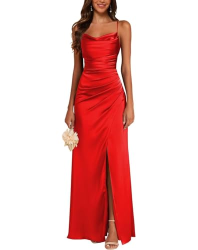 JAEDEN Satin Brautjungfernkleid Spaghettiträger Ballkleider Lang mit Schlitz Meerjungfrau Falte Abendkleider Rot 32 von JAEDEN