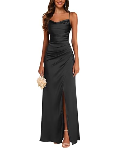 JAEDEN Satin Brautjungfernkleid Spaghettiträger Ballkleider Lang mit Schlitz Meerjungfrau Falte Abendkleider Schwarz 40 von JAEDEN