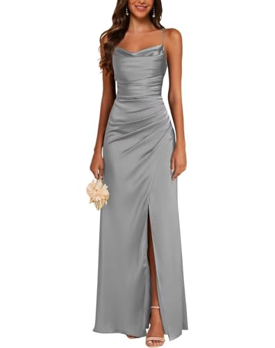 JAEDEN Satin Brautjungfernkleid Spaghettiträger Ballkleider Lang mit Schlitz Meerjungfrau Falte Abendkleider Silber 42 von JAEDEN