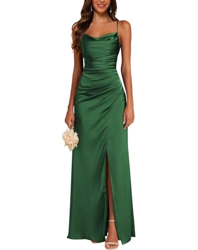JAEDEN Satin Brautjungfernkleid Spaghettiträger Ballkleider Lang mit Schlitz Meerjungfrau Falte Abendkleider Smaragdgrün 50 von JAEDEN