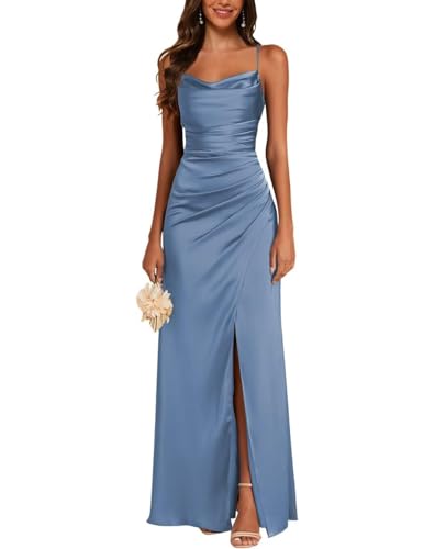 JAEDEN Satin Brautjungfernkleid Spaghettiträger Ballkleider Lang mit Schlitz Meerjungfrau Falte Abendkleider Staubiges Blau 42 von JAEDEN