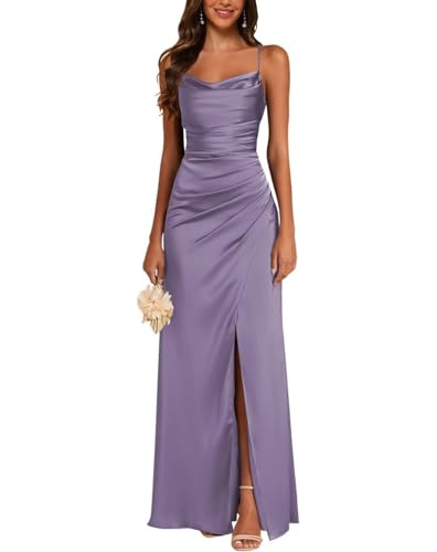 JAEDEN Satin Brautjungfernkleid Spaghettiträger Ballkleider Lang mit Schlitz Meerjungfrau Falte Abendkleider Staubiges Lila 36 von JAEDEN