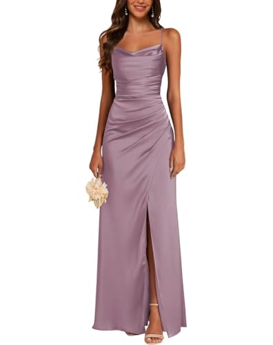JAEDEN Satin Brautjungfernkleid Spaghettiträger Ballkleider Lang mit Schlitz Meerjungfrau Falte Abendkleider Wisteria 38 von JAEDEN