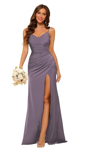 JAEDEN Satin Brautjungfernkleider Damen Spaghettiträger Abendkleid mit Schlitz Meerjungfrau Ballkleider Mauve 42 von JAEDEN