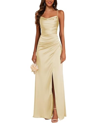 JAEDEN Brautjungfernkleider Satin Spaghettiträger Ballkleid Lang mit Schlitz Meerjungfrau Falte Abendkleider Champagner 38 JAEDEN Brautjungfernkleider Satin Spaghettiträger Ballkleid Lang mit Schlitz Meerjungfrau Falte Abendkleider Champagner 38 von JAEDEN