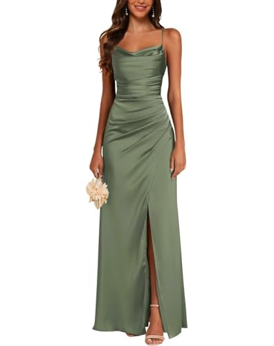 JAEDEN Satin Brautjungfernkleider Spaghettiträger Ballkleider Lang mit Schlitz Meerjungfrau Falte Abendkleider Pastellgrün 44 von JAEDEN