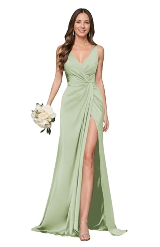 JAEDEN Satin Brautjungfernkleider V-Ausschnitt Meerjungfrau Abendkleid für Hochzeit Ärmellos Salbeigrün 42 von JAEDEN