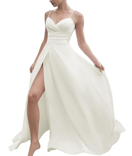 JAEDEN Satin Brautkleider Spaghettiträger A-Linie Standesamtkleid Schlichte Hochzeitskleider Elfenbein 46 von JAEDEN